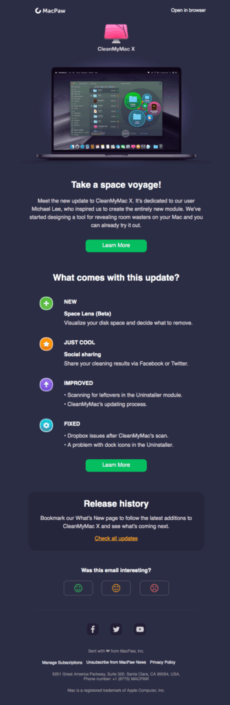 CleanMyMac dark mode newsletter template