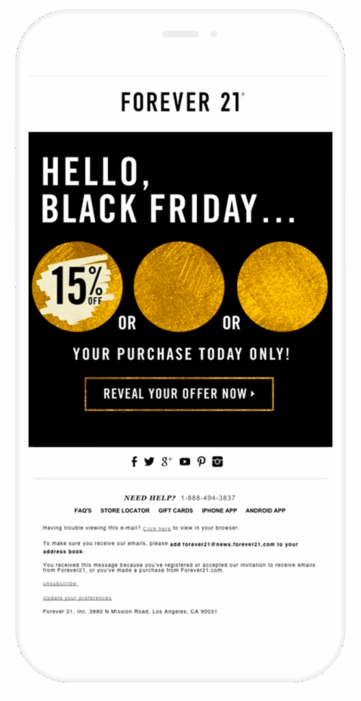Email de Forever 21 con un rasca y gana para sus ofertas de Black Friday.