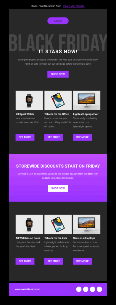 Black Friday E-Mail-Vorlage in schwarz mit der Akzentfarbe lila