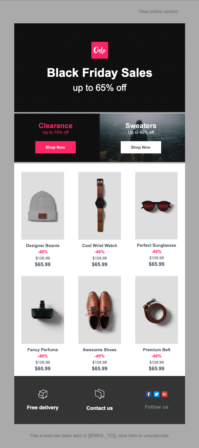 E-Mail-Vorlage Oslo für Black Friday Sales aus der Vorlagengalerie von Mailjet
