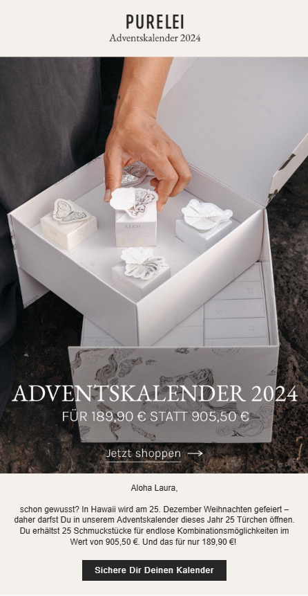 Screenshot eines Newsletters von Purelei mit einer Adventskalender-Aktion.