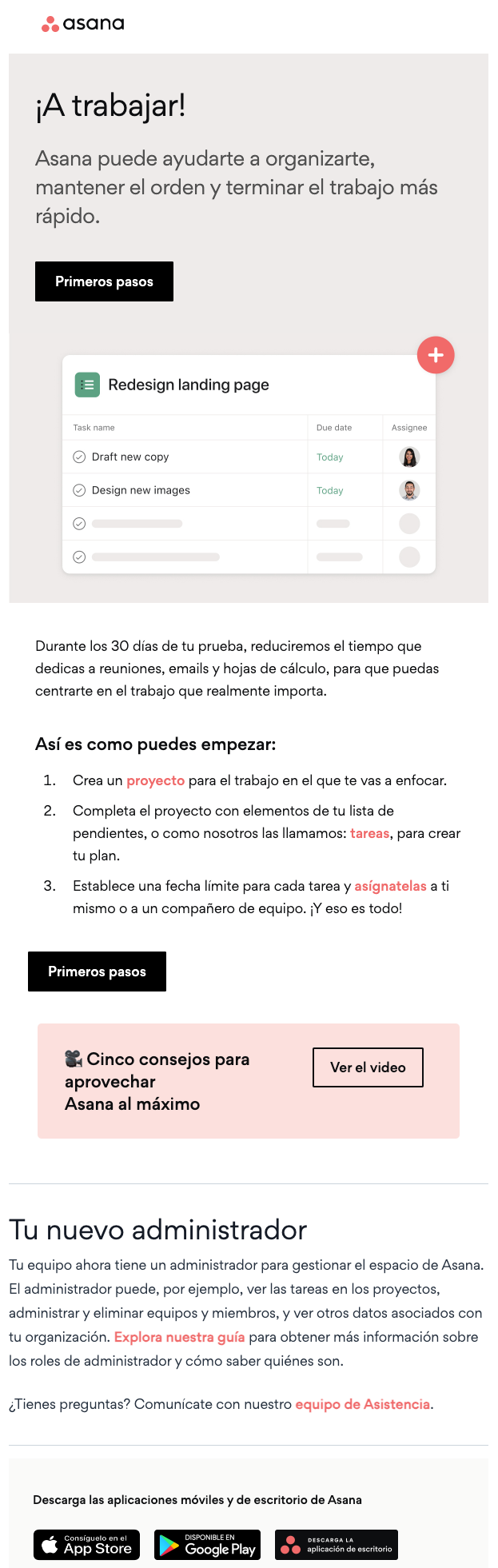 Email de Asana que ofrece consejos sobre cómo empezar a usar su plataforma