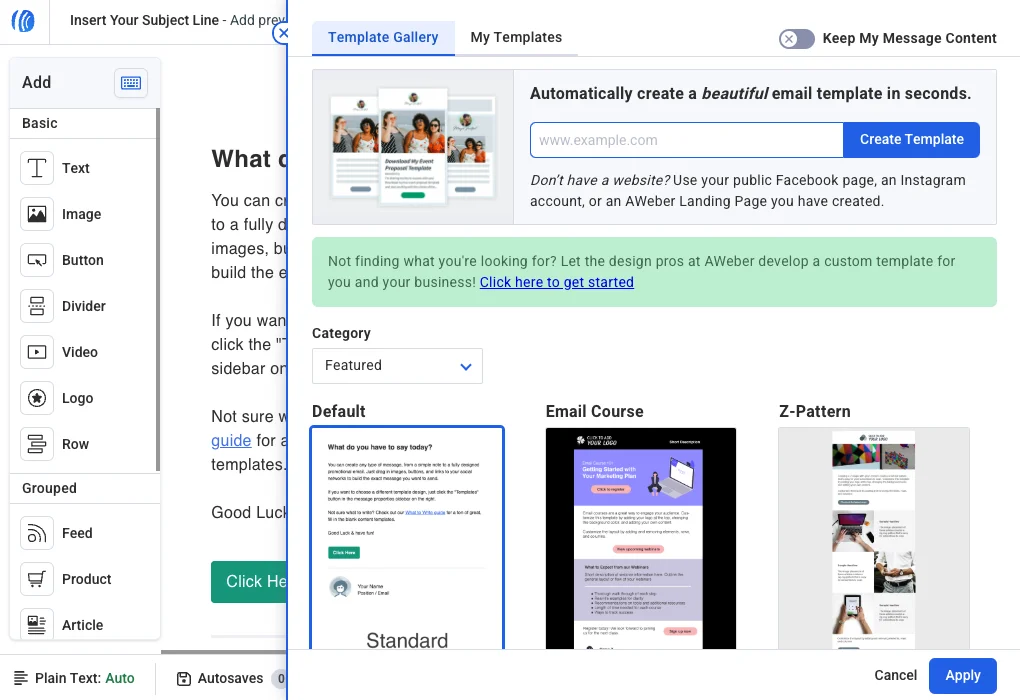Screenshot of the template gallery for AWeber