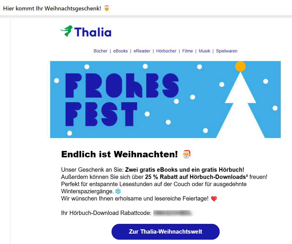 E-Mail von Thalia mit Weihnachts-Emoji in der Betreffzeile