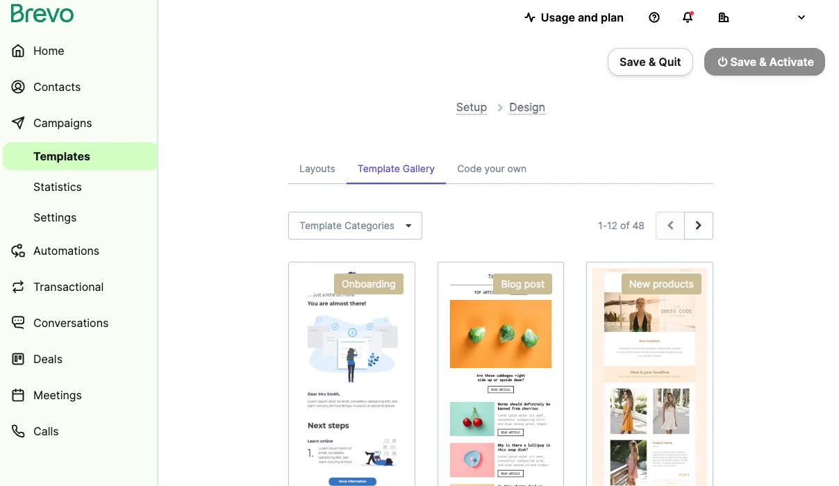 Screenshot of the template gallery for Brevo