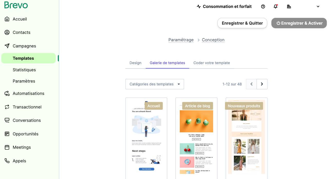 Capture d’écran de l’interface de création de modèle de Brevo.