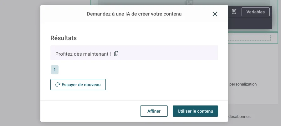 Exemple d’un CTA généré par IA à partir du générateur de texte de Sinch Mailjet