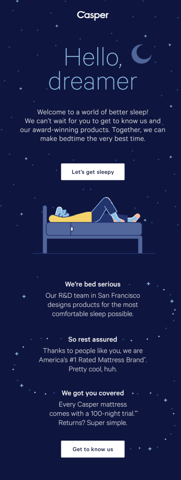 Casper's welcome email uses colors to further their brand image and pull the customer in
