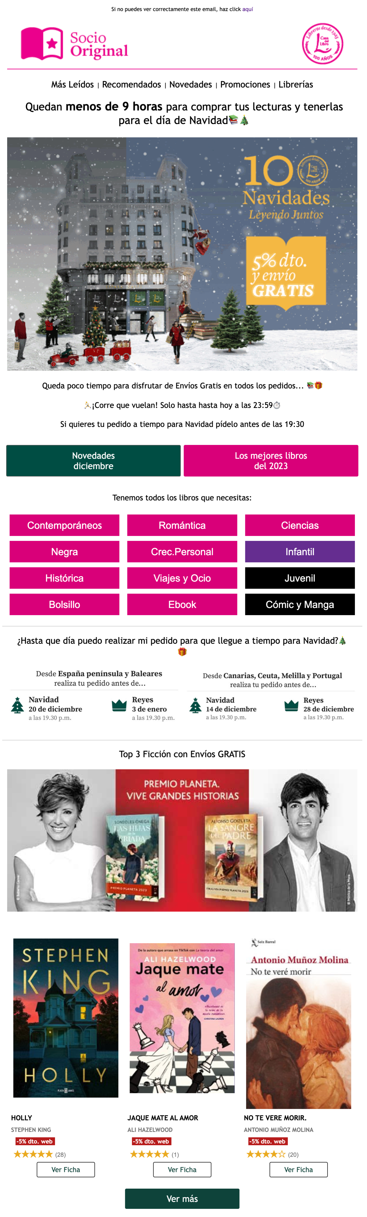 Email de Casa del Libro con imágenes de un edificio, portadas de libros y fotos de autores.