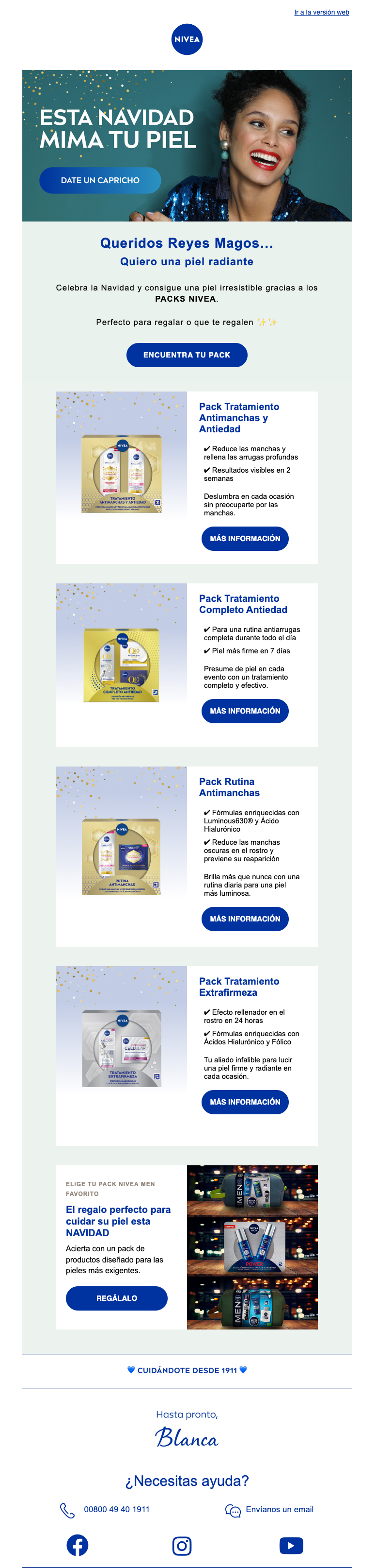 Email de la marca Nivea con varios productos en packs y una imagen de una mujer sonriendo.