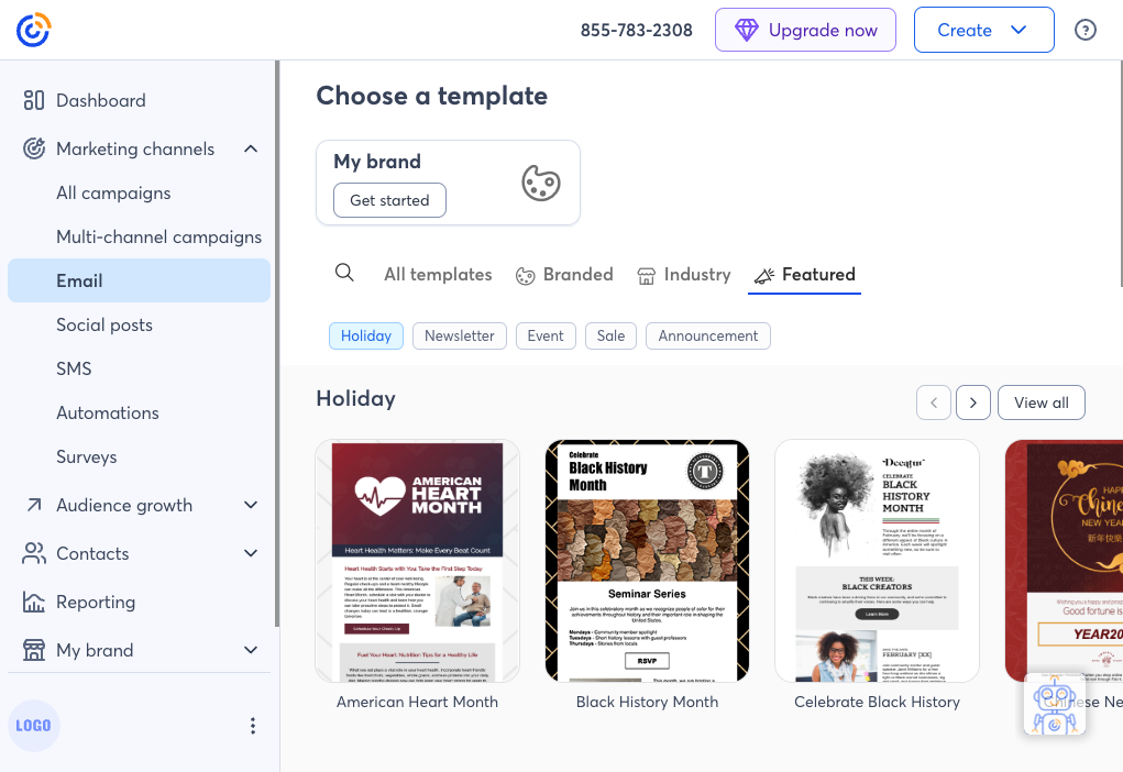 Capture d’écran de la page d’édition des emails de Constant Contact