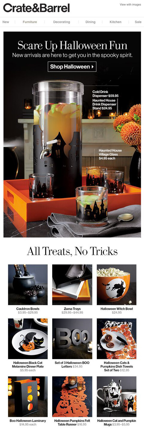 Halloween-Produkte werden im Newsletter von Crate&Barrel beworben