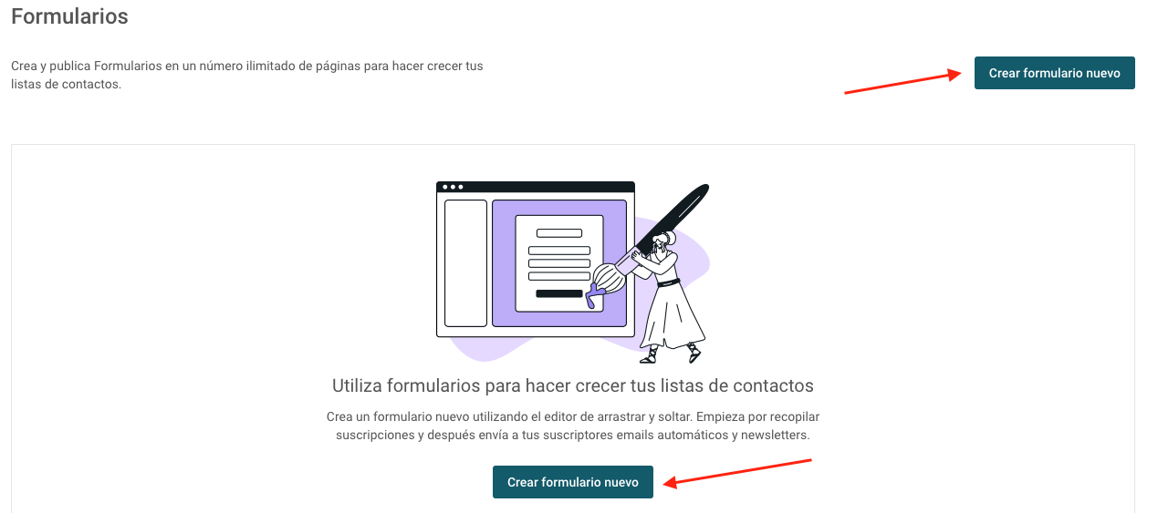 Captura de pantalla de la sección de formularios en Mailjet.