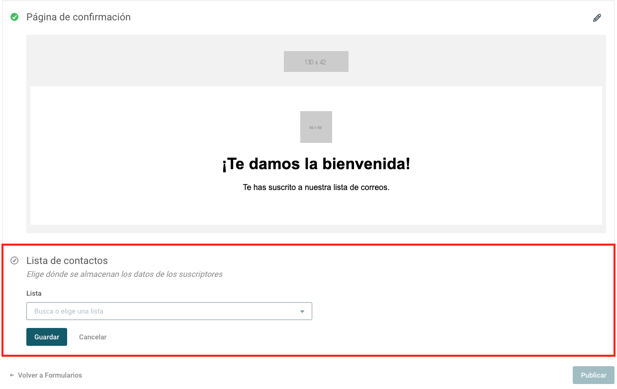 Captura de pantalla de la sección correspondiente en la Configuración del formulario en Mailjet.