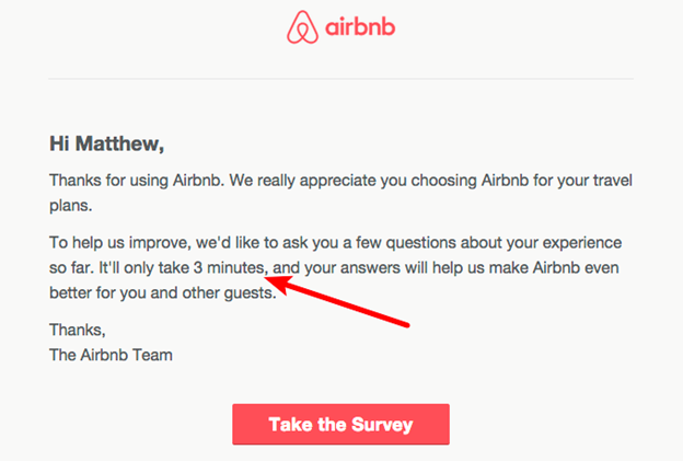 A customer survey email from Airbnb