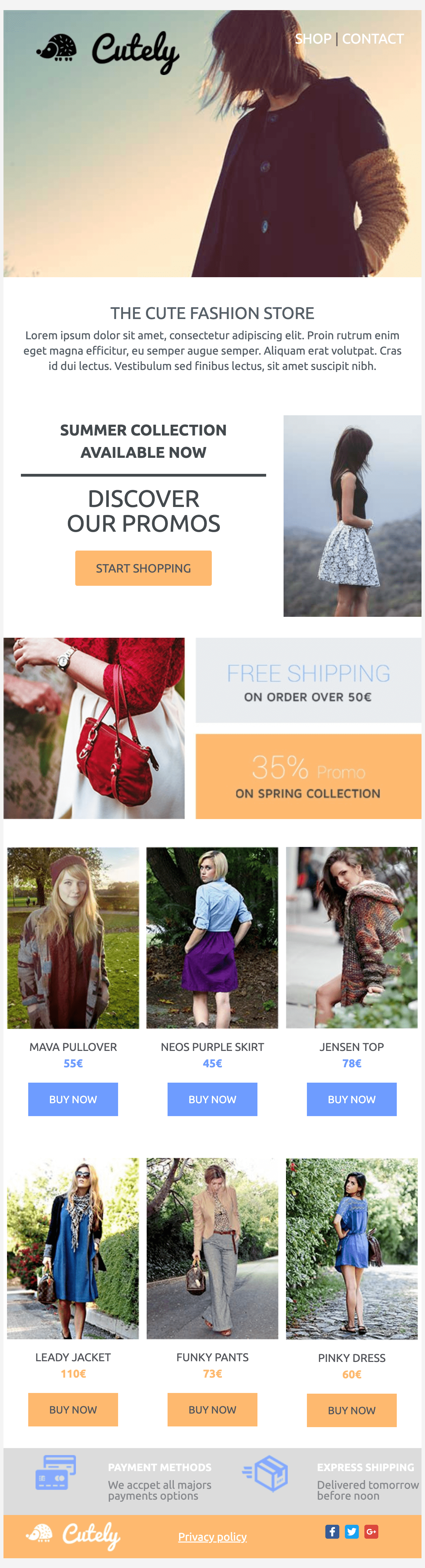 Captura de pantalla de nuestra plantilla para newsletters Cutely