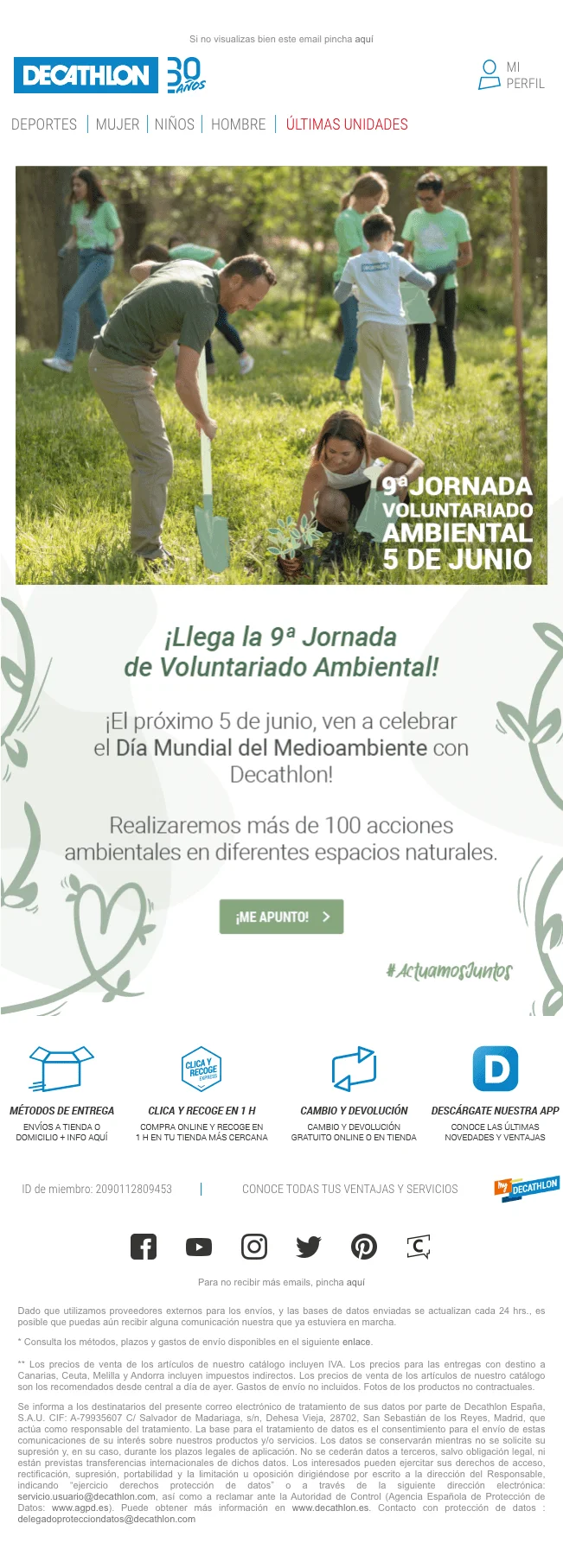 Ejemplo de newsletter de Decathlon relacionada con el Día del Medio Ambiente.