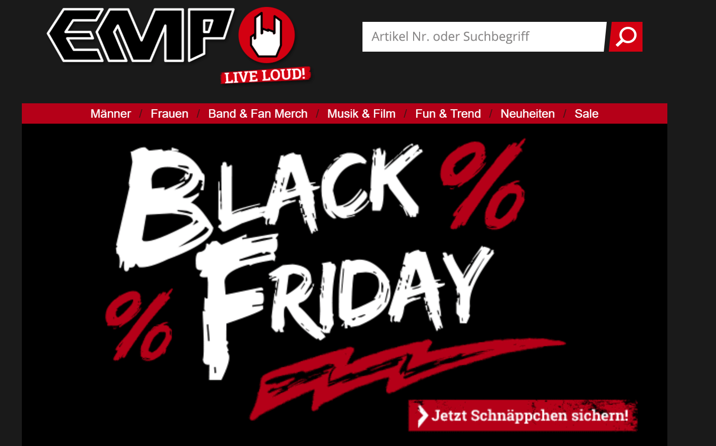 Black-Friday-Anzeige von EMP auf der für Schnäppchen geworben wird