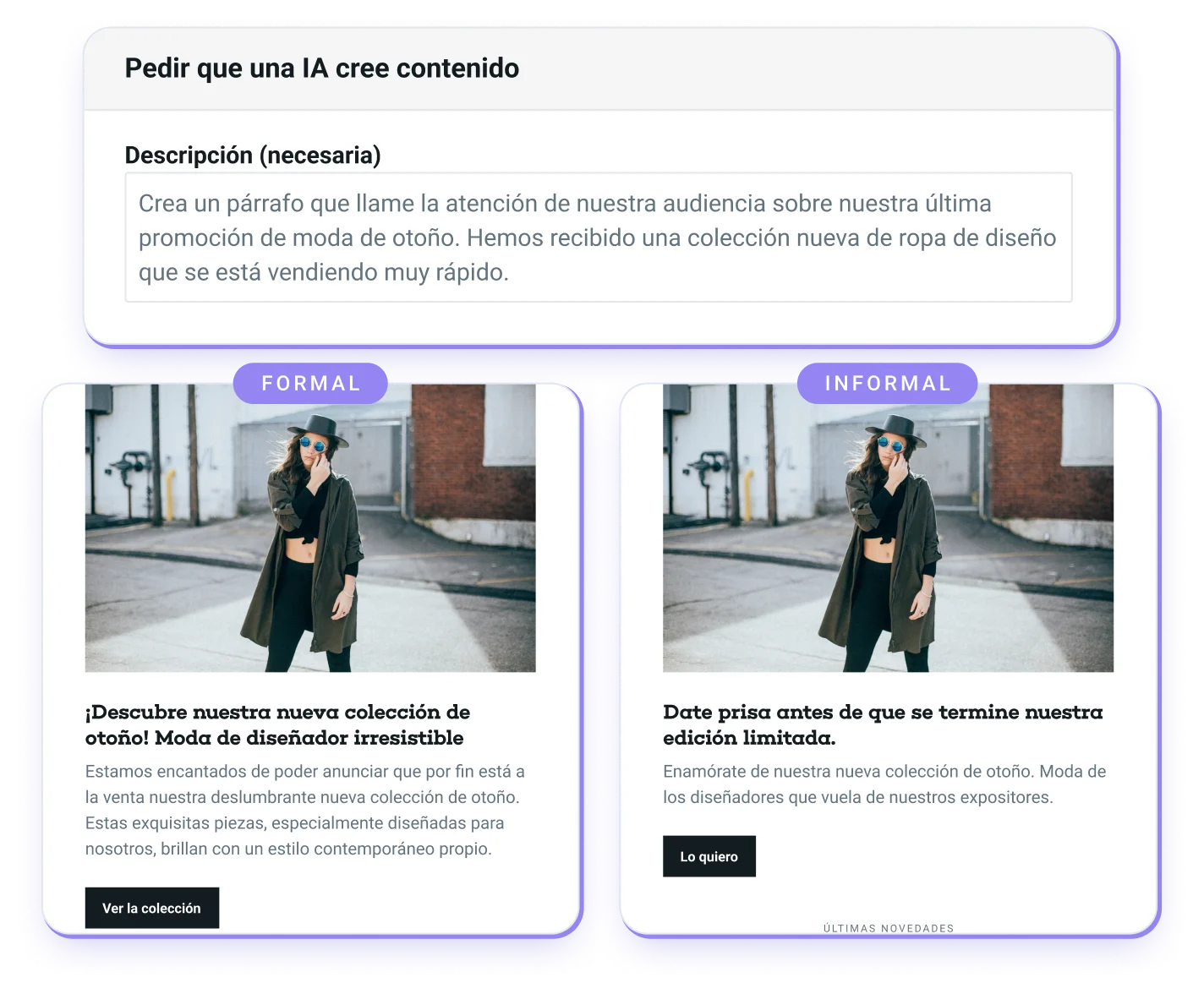 Muestra de las opciones de tono de voz del Generador con IA de Mailjet