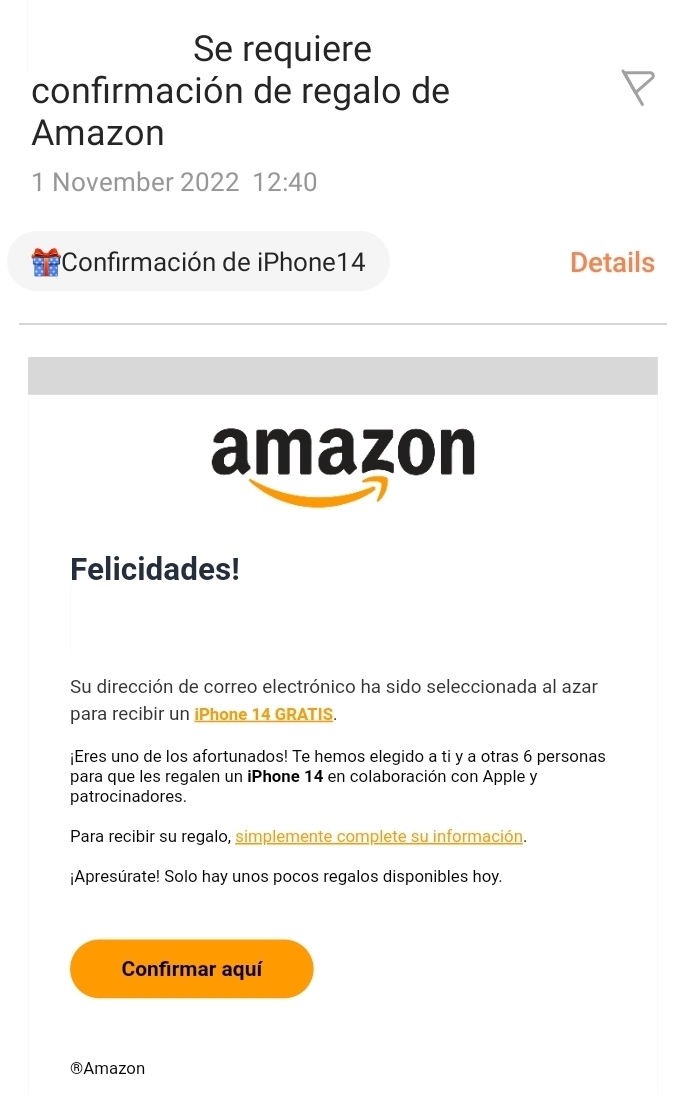 Captura de pantalla con un ataque de phishing. Texto en español con CTA.