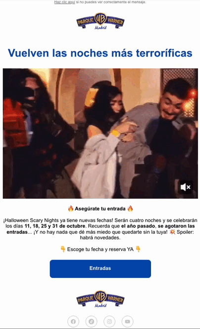 Newsletter promocional de las Halloween Scary Nights del Parque Warner