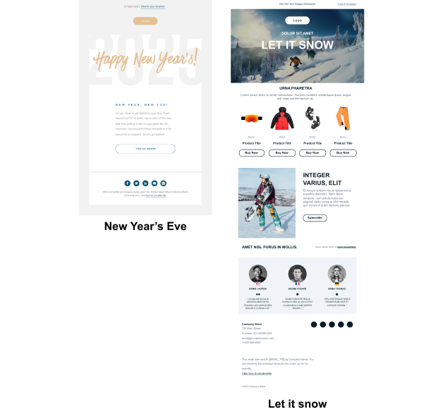 Plantilla de email con fondo blanco y un mensaje grande de “Happy New Year’s”.