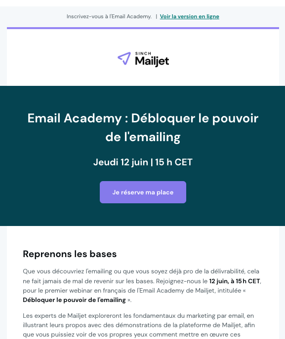 Un exemple d’email synchronisé d’un webinaire Sinch Mailjet.