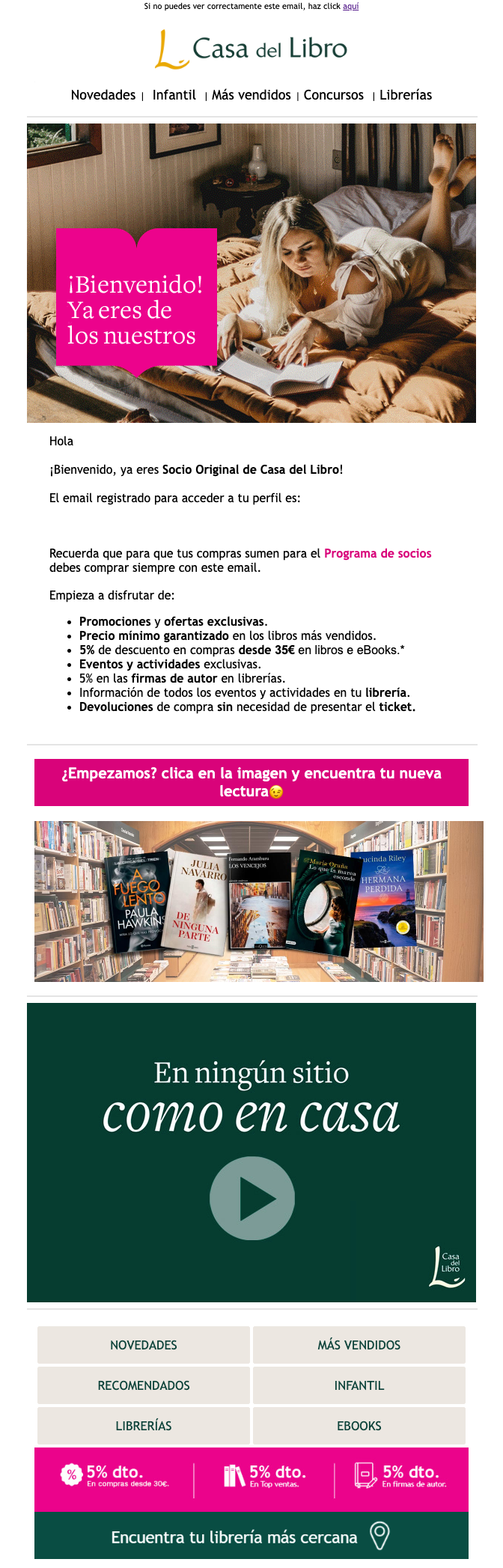 Email de bienvenida de Casa del Libro, con un vídeo que te presenta la marca y las ventajas que te ofrece.