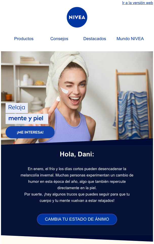 Captura de pantalla de un email con personalización del nombre del destinatario de Nivea.