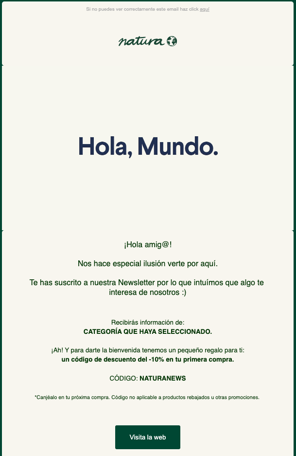 Captura de pantalla del email de bienvenida de Natura.