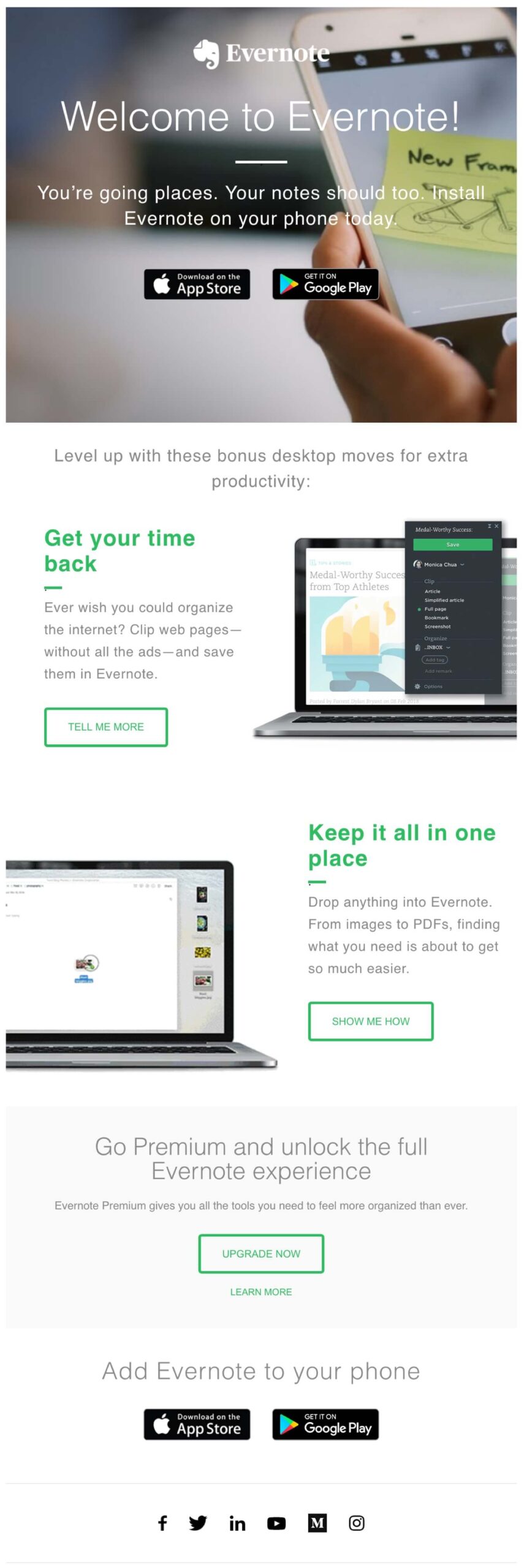 Evernote's welcome email has a CTA right before the fold