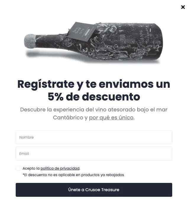 Formulario de inscripción para una lista de correo de una bodega