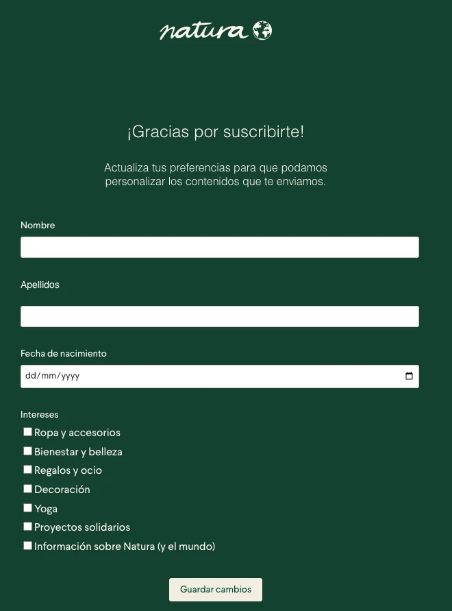 Formulario de inscripción con preferencias