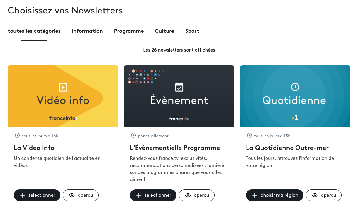 Quelques newsletters proposées par France Télévisions