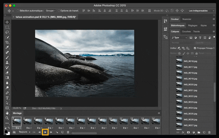 Une animation de l’interface de création de gif disponible dans Photoshop