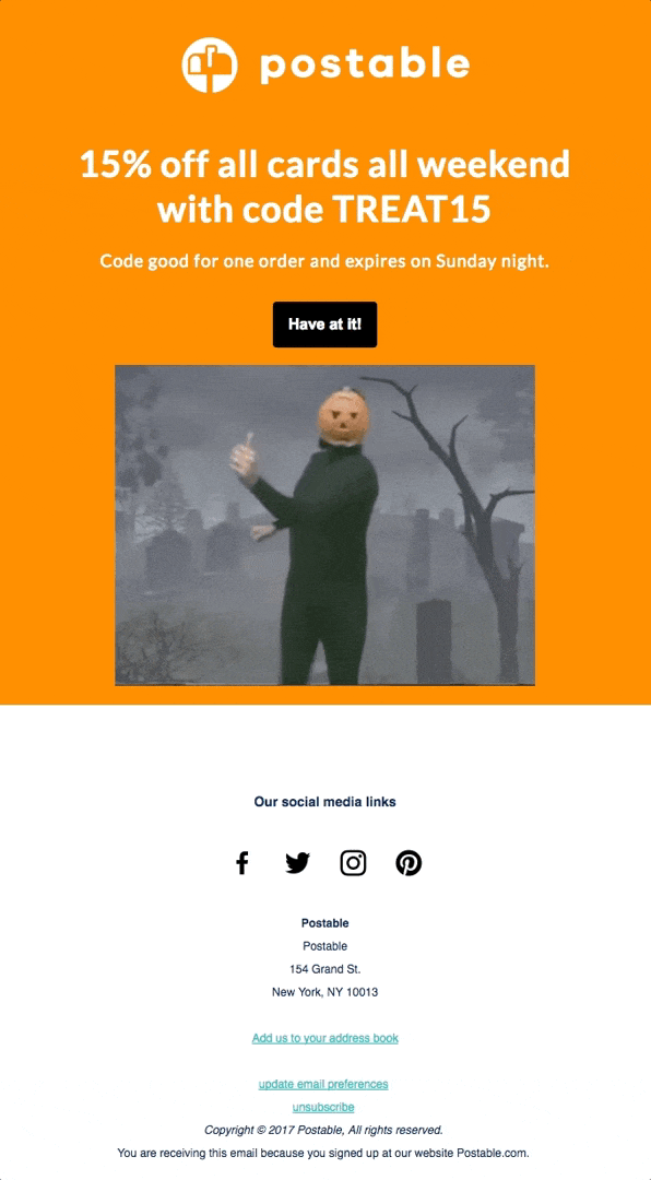 Capture d’un email marketing d’Halloween animé envoyé par Postable