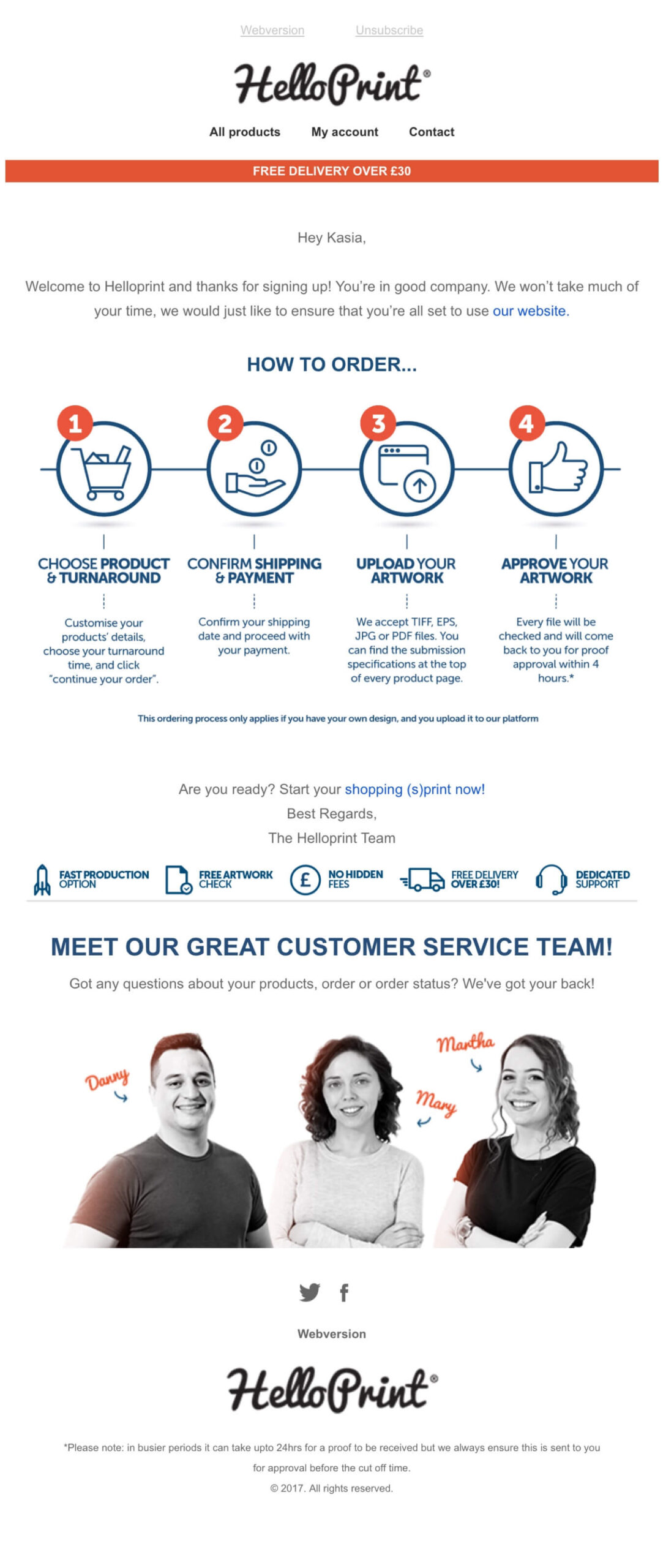 HelloPrint's welcome email introduces their customer service team with photos of them