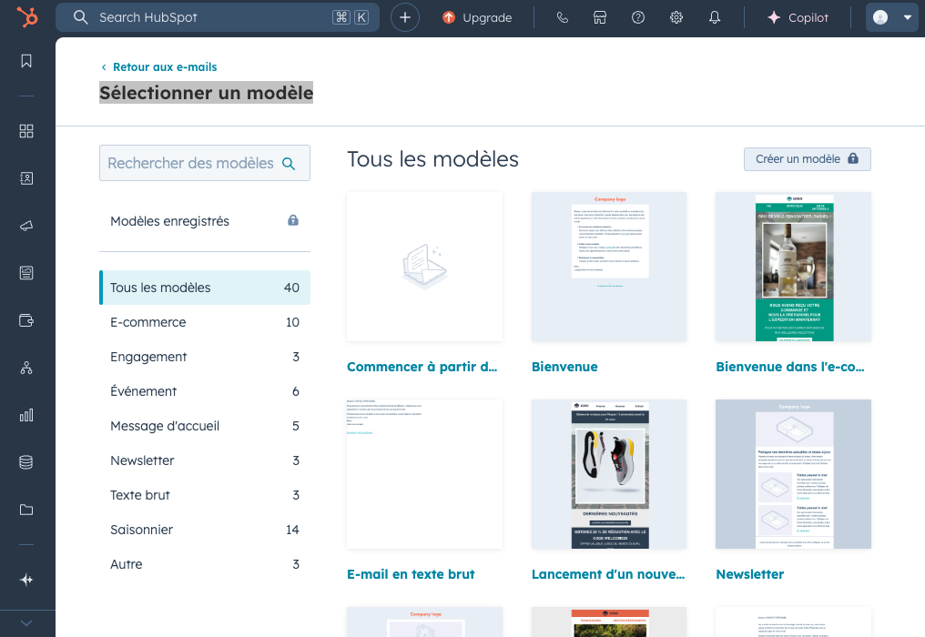 Capture d’écran de l’interface de sélection de modèle d’email de HubSpot