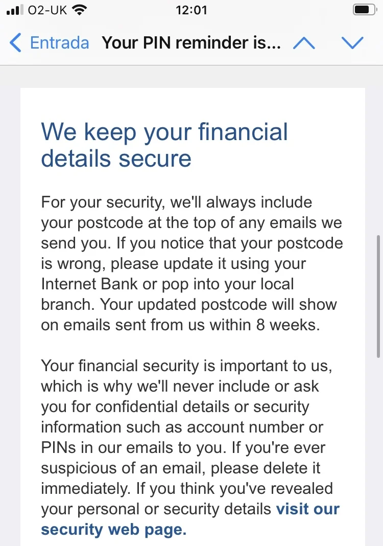 An example email from Nationwide Building Society on data protection policy