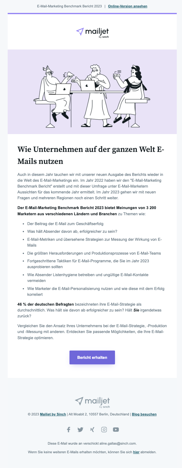 Ankündigungs-E-Mail für den E-Mail-Marketing Benchmark Bericht 2023