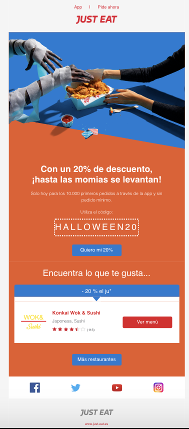 Campaña de email marketing de Halloween de Just Eat
