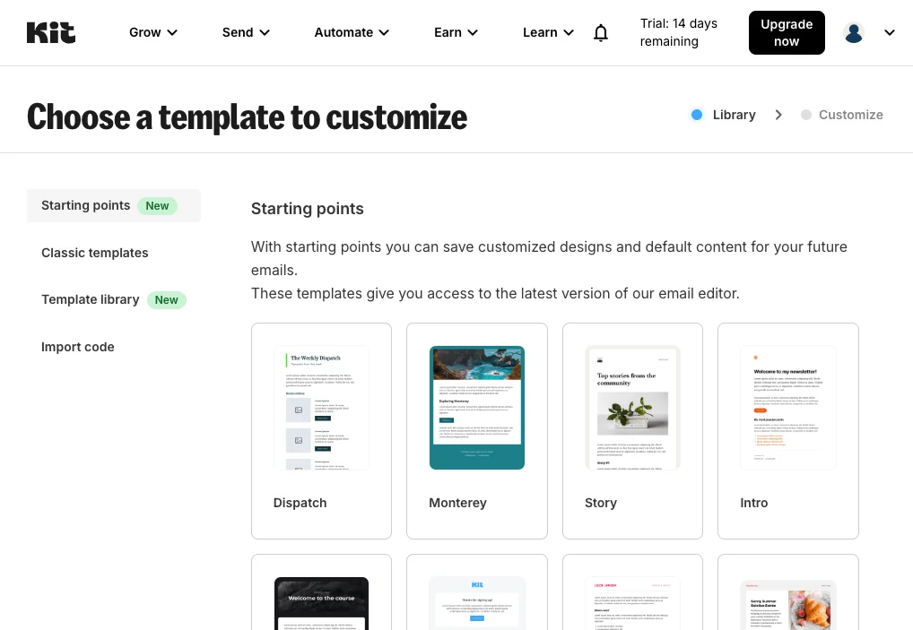 Screenshot of the template gallery for Kit