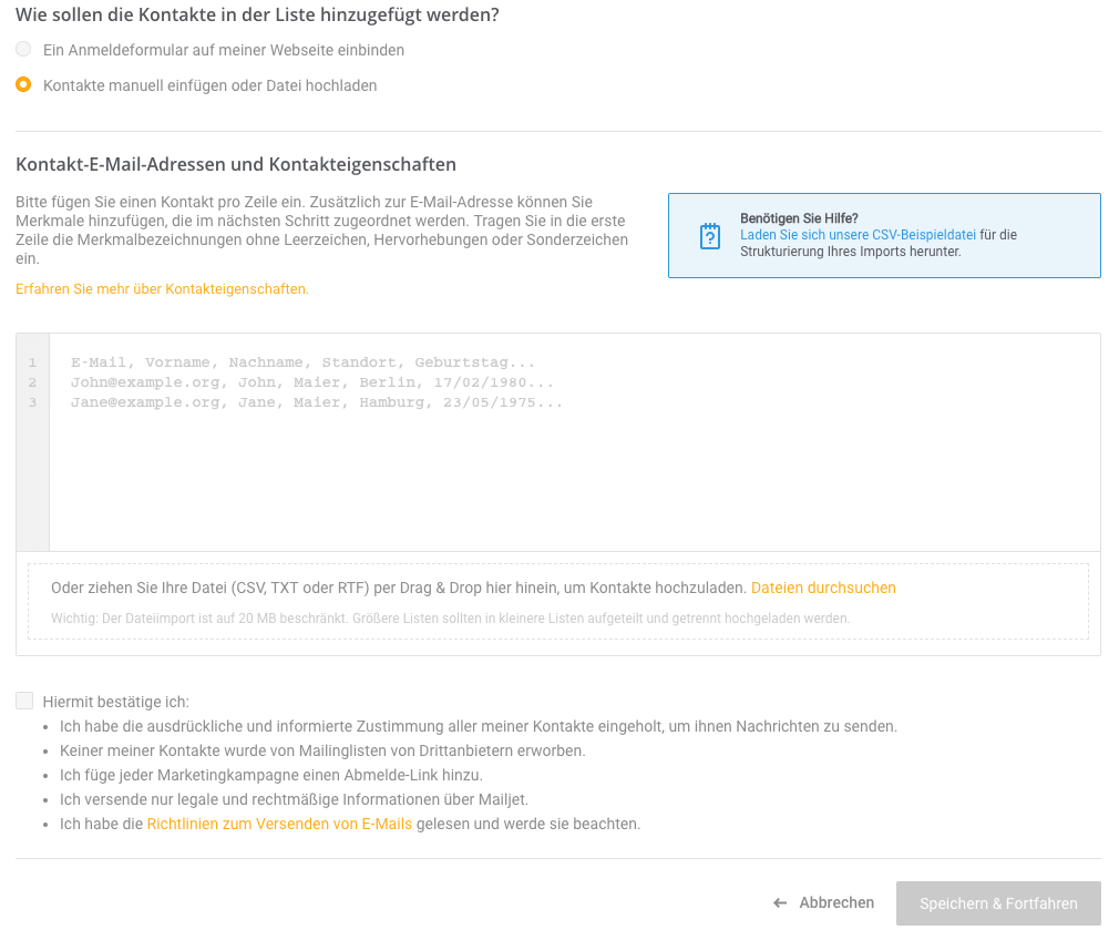 Mailjet Kunden müssen beim Hochladen ihrer Kontakte bestätigen