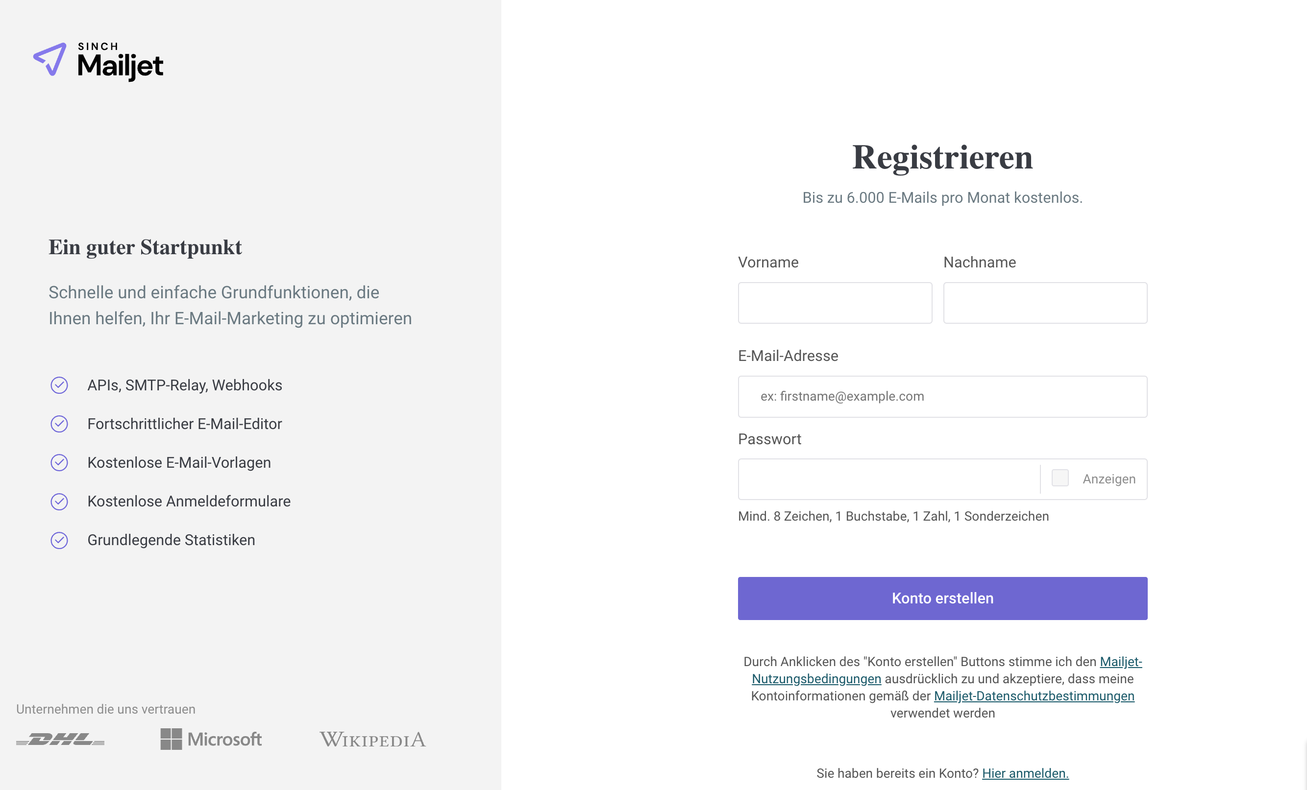 Beispiel einer Landingpage für die ersten Schritte von Sinch Mailjet