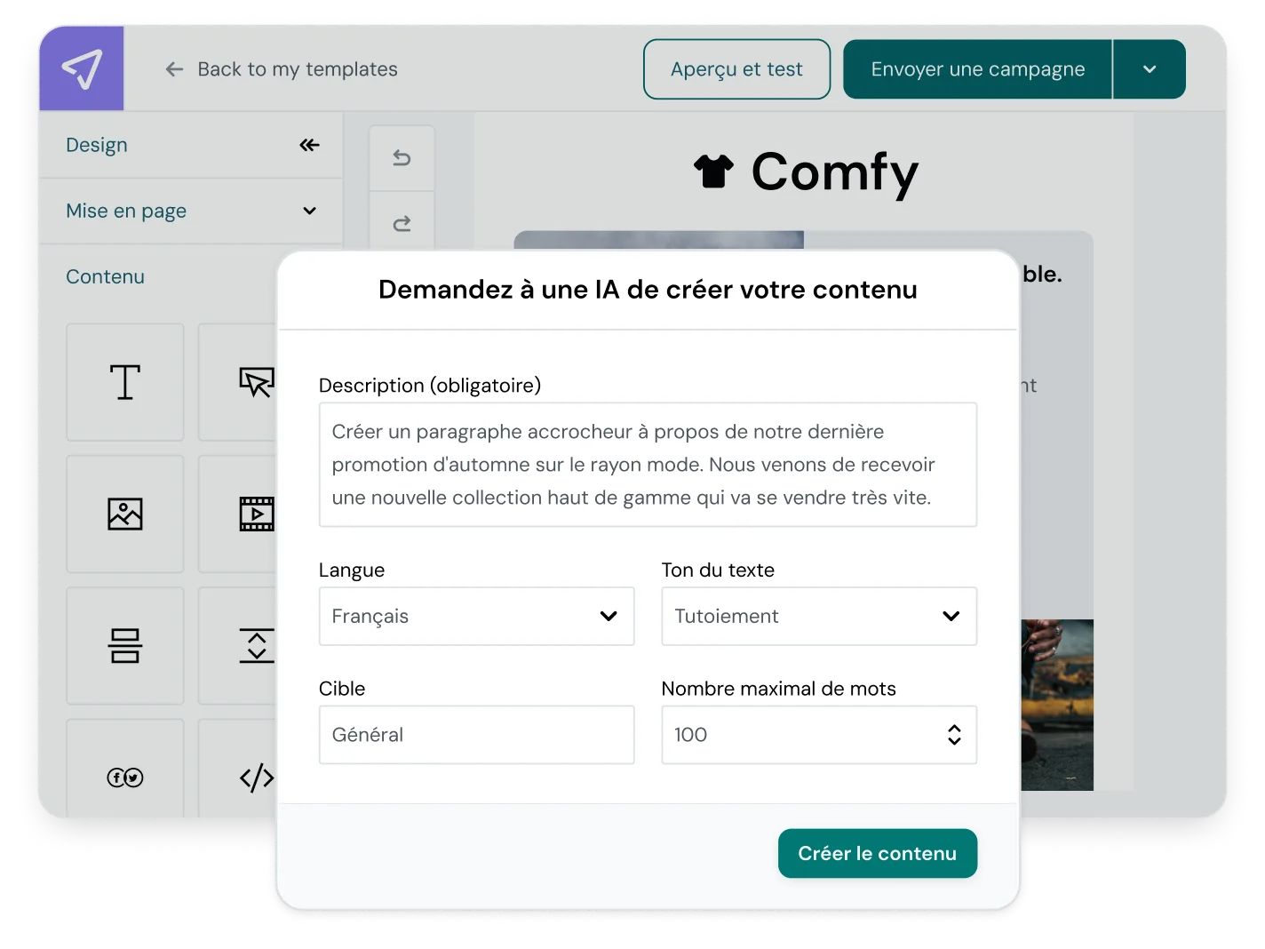Capture d’écran des différents champs à remplir du générateur de texte par IA