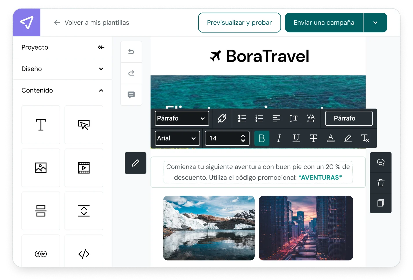 Opciones del editor de emails de Mailjet para crear correos electrónicos a medida, adaptados a tus necesidades.