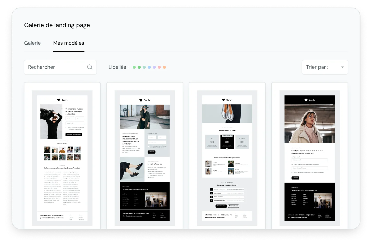 Une galerie de modèles de landing pages créées avec Mailjet