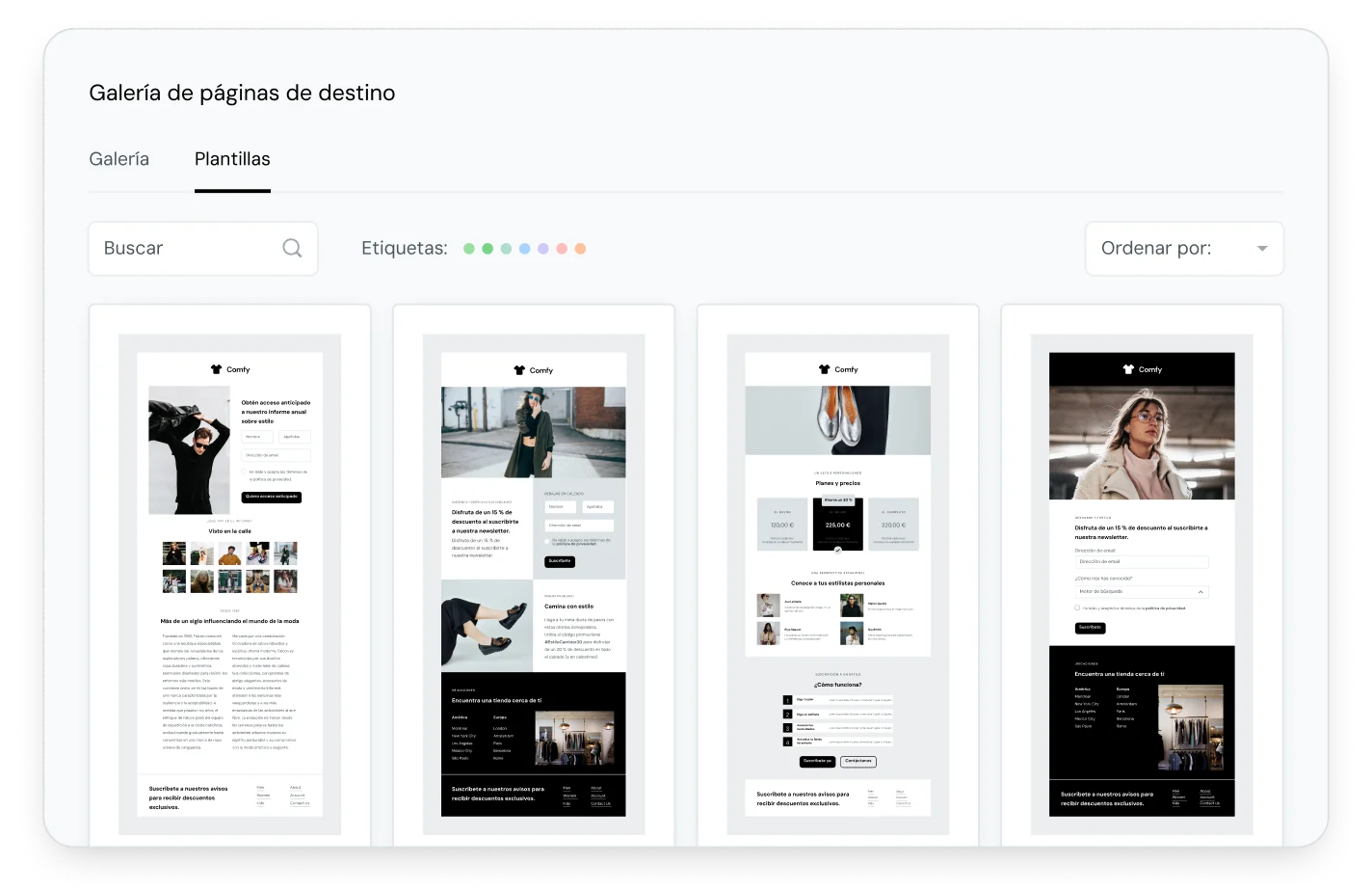 Galería de plantillas para páginas de destino diseñadas con Mailjet