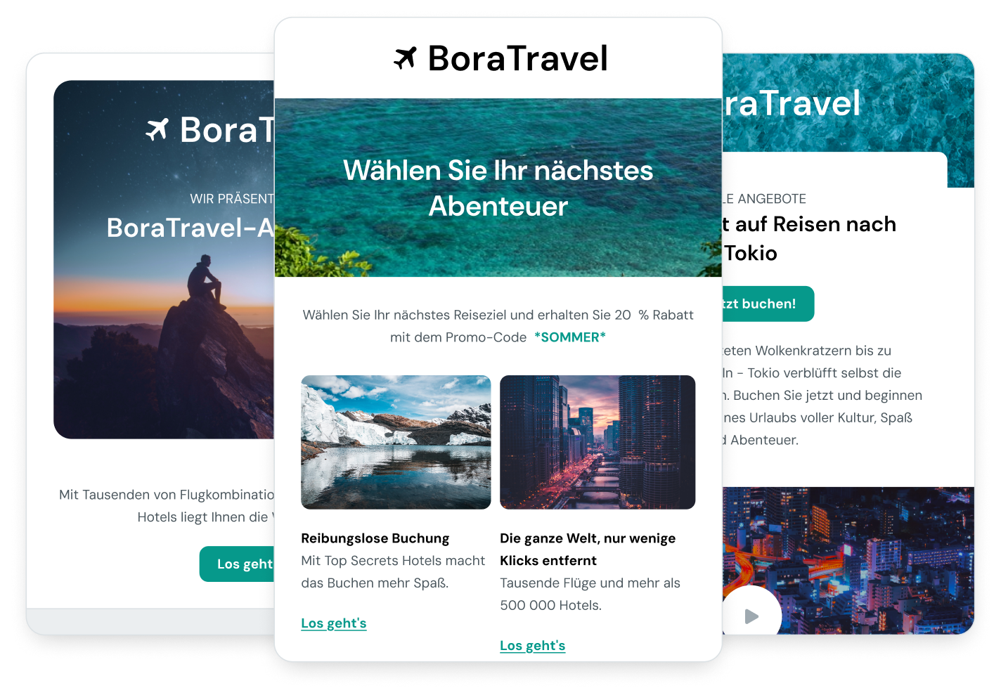 Mehrere E-Mail-Vorlagen zeigen, dass Mailjet ein leistungsstarker E-Mail-Editor ist.