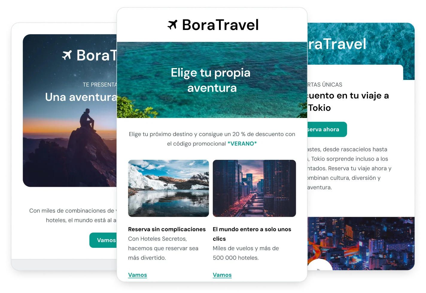 Varias plantillas de email que muestran cómo Mailjet es un potente editor de emails.